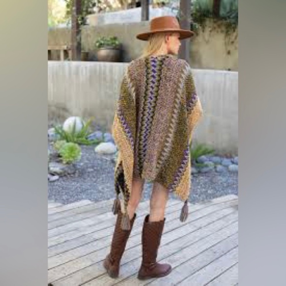 Boho Knit Poncho in Gold, Olive & Purple - Picture 4 of 5